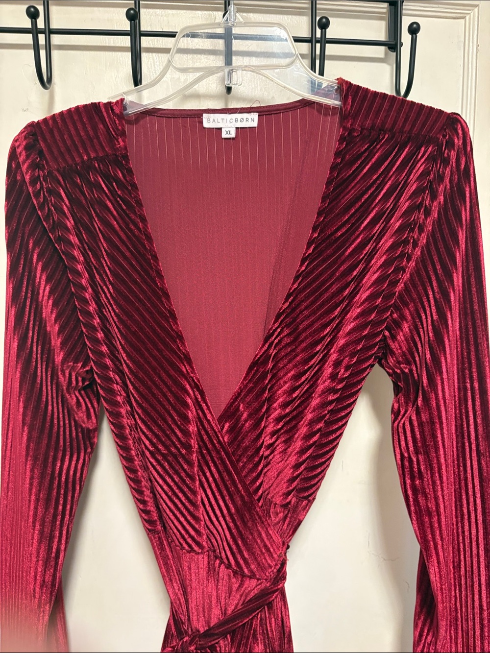 Baltic Born Burgundy Romantic Ribbed Velvet LongSleeve V-neck Wrap Maxi Dress XL - Picture 3 of 13